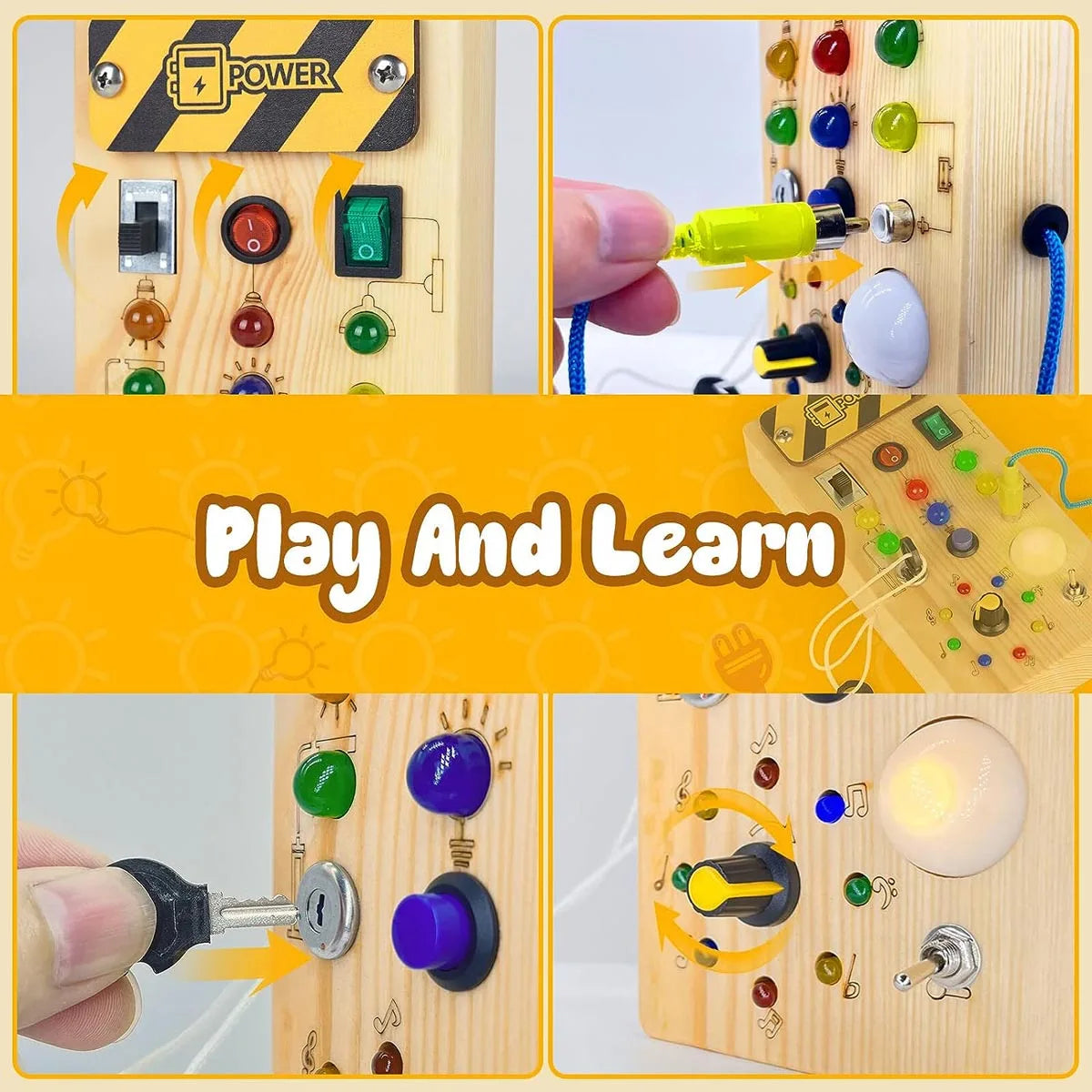 Montessori Busy Board Sensory Toy with LED Lights | Wooden Travel Activity for Kids 2-4 Years